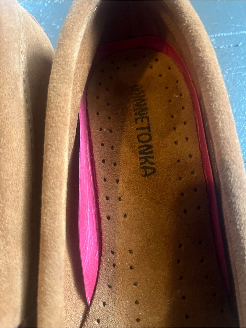 Minnetonka Brown Suede Moccasins with Turquoise & Coral Beadwork - Picture 2 of 9